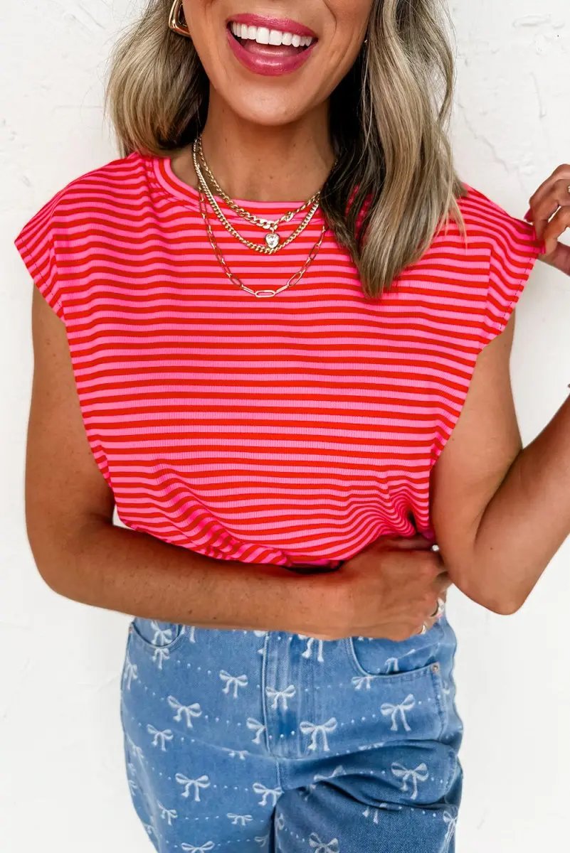 Red Stripe Ribbed Cap Sleeve Round Neck T Shirt for Women - Love Salve